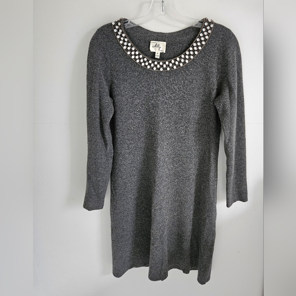 Milly Gray Knit Embellished Beads Long Sleeve Swester Dress